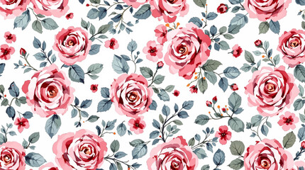 Pink roses background, Floral pattern of red flowers and leaves on a white background, seamless pattern with flowers