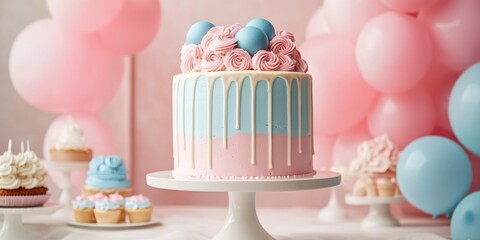Gender reveal party scene featuring a beautifully decorated cake  