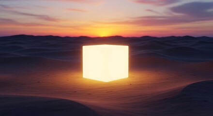 A glowing cube illuminates the surreal desert landscape under a dramatic sunset sky vista.