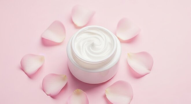 A jar of smooth, white cream surrounded by delicate pink rose petals on a pastel pink surface.