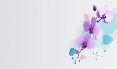 Against a soft, neutral background, delicate purple orchids bloom in a beautiful display of floral art, characterized by gentle hues, elegant blossoms and leaves, and a serene, natural aesthetic