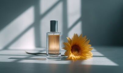 A glass perfume bottle and a sunflower bloom are bathed in warm sunlight, and the way natural light and shadows fall on the wooden surface underscores the idea of a fragrance that captures the