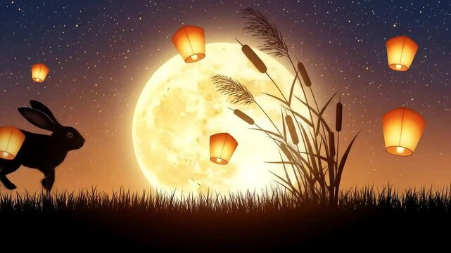 Enchanting Night Sky: Giant Full Moon, Floating Lanterns, and Twinkling Stars Over Silhouetted Grass for Chuseok Mid Autumn Festival