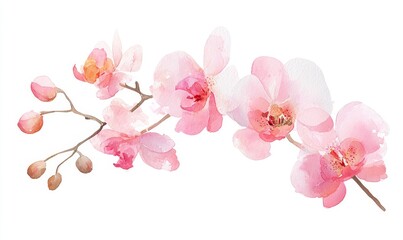 A delicate watercolor illustration set against a clean white backdrop showcases a pink orchid flower with soft green leaves, exemplifying elegant botanical artwork