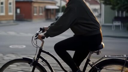 A cyclist riding through a city street with old buildings and other vehicles in the background. Ideal for ads about eco-friendly transportation or active urban lifestyle - Powered by Adobe