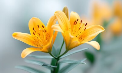 Two vibrant yellow lilies illuminated by soft sunlight take center stage in a serene natural setting with a blurred green foliage background