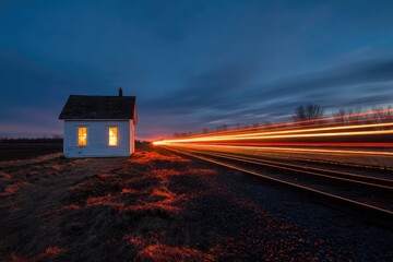 A small, white house by train tracks at twilight
