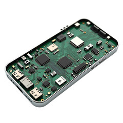 Smartphone circuit board with chips and components isolated on transparent background