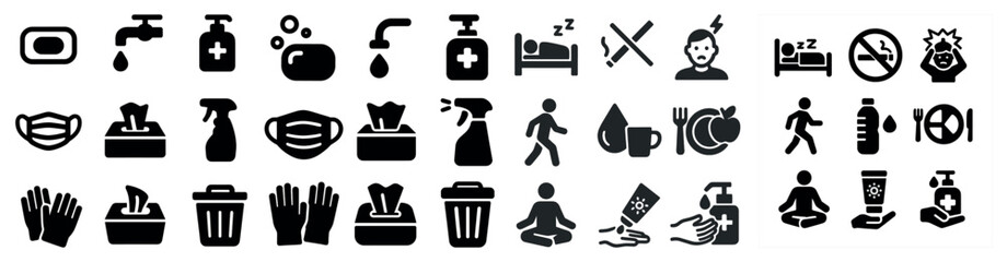 Hygiene and health icons set – solid, outline, cleanliness and wellness symbols