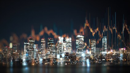 Blurred cityscape at night overlaid with financial charts