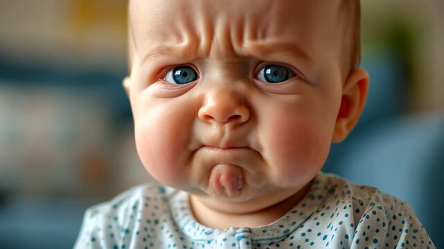 bad mood sulking baby ready to cry close up face funny and cute