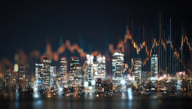 Blurred cityscape at night overlaid with financial charts