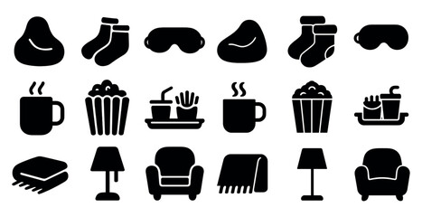 Home comforts solid icons set &ndash; outline, filled, cozy and leisure symbols