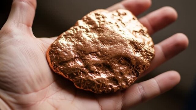 A hand holding raw copper ore, highlighting its metallic texture and reddish hue. Perfect for mining industry ads, metallurgy footage, or industrial process documentaries