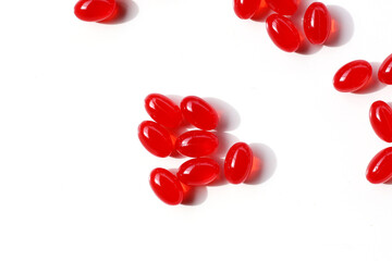 Red softgel Q10 capsules for dietary supplement.