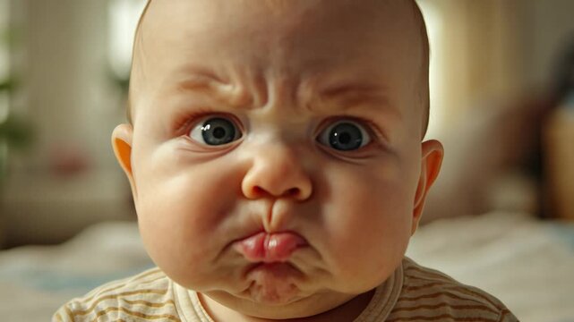 bad mood sulking baby ready to cry close up face funny and cute