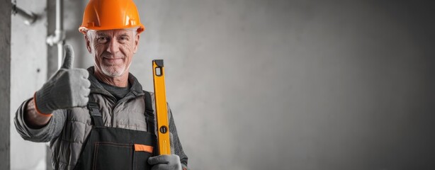 The construction worker giving a thumbs-up with a level in hand.
