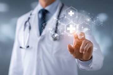 Close-up of a doctor in a white coat with stethoscope, arms crossed, standing in a modern hospital environment.