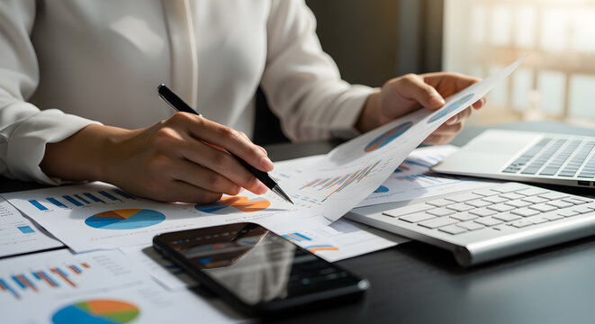 Business Analyst Reviews Financial Reports with Charts and Graphs on Black Desk With Laptop and Smart Phone in Bright Office Space