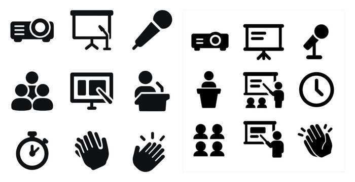 Conference and presentation icons set – silhouette, solid, meeting and speech graphics