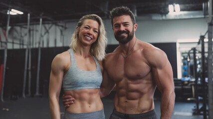 Young people smiling on camera after training exercise in gym - Sport, fitness and healthy lifestyle concept - Models by AI generative  - Powered by Adobe