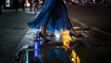 A woman in a blue gown walks a city street at night, reflecting lights in a puddle