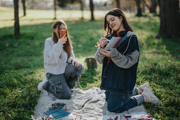 Two teenage friends engage in artistic activities and technology amidst a scenic natural backdrop,...
