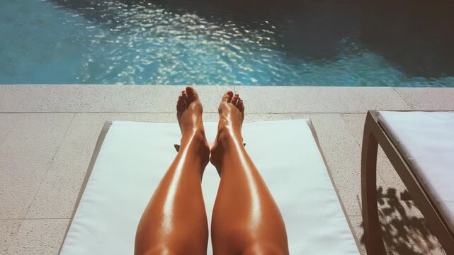 Woman sunbathing and relax at the pool - Summer lifestyle and holiday concept - Model by AI generative
