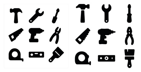 Obraz premium Construction tools silhouette icons set – solid, filled, diy and repair symbols