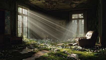 Obraz premium Sunlit, overgrown, abandoned room
