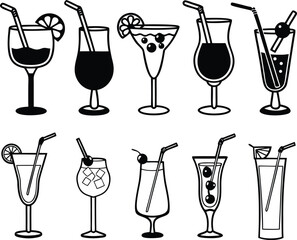 Silhouette Vector Set of Cocktail Drink Icons in Minimalist Line Style