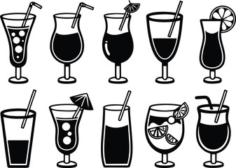 Silhouette Vector Set of Cocktail Drink Icons in Minimalist Line Style