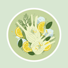 Fennel and lemon zest salad with poppy seeds and mint, minimalistic Nordic-style flat vector illustration with pale green, citrus yellow, soft white, and ice blue colors