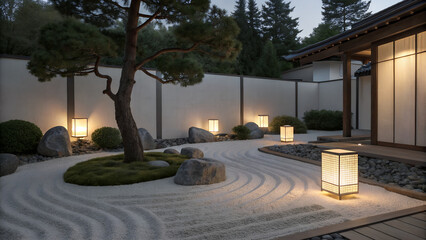 Tranquil Japanese garden featuring raked sand, rocks, trees, and lantern lighting creates a peaceful, zen outdoor space.