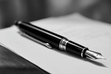 Close-up of a black fountain pen on white paper