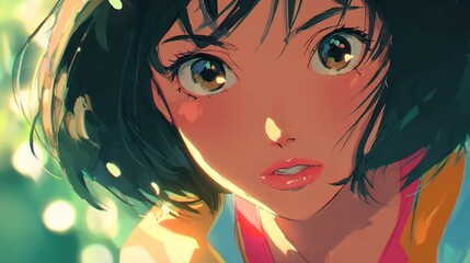An anime girl looks intensely her large eyes shining with youthful wonder and curiosity against a...