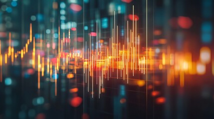 Dynamic glowing financial chart data visualization with vibrant city lights background
