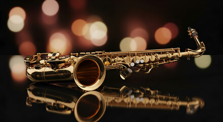 Golden Saxophone with Elegant Bokeh Lights Background