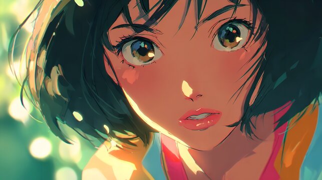 An anime girl looks intensely her large eyes shining with youthful wonder and curiosity against a backdrop of dreamy sun
