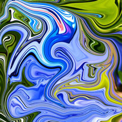 Vivid fluid art composition with swirling electric blue, green, yellow, and pink tones forming abstract liquid shapes. Eye-catching modern art for backgrounds. Fluid, Abstract, Swirl, Modern, Colorful