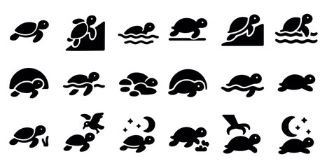 Sea turtle silhouette icons set – flat, ocean life, aquatic design elements
