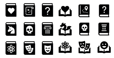 Storytelling and literature solid icons set – filled, narrative and book symbols