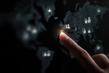 Hand interacting with a digital world map