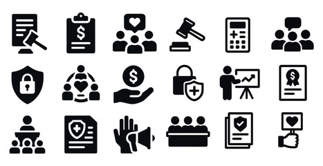 Charity and community solid icons set – filled, pixel art, social responsibility symbols