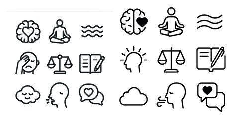 Fototapeta premium Mindfulness and meditation icons set - outline, line, mental wellness symbols