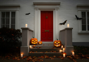 Obraz premium Halloween Haunted House Decor with Jack-o'-Lanterns