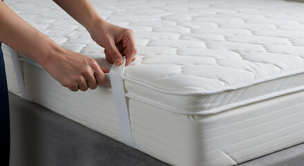 Hands Tightening White Elastic Strap with Buttonholes Around a Quilted White Mattress on Neutral Background and Soft Lighting