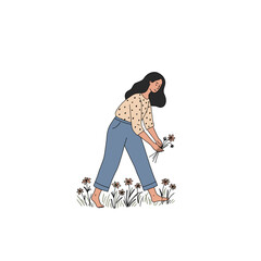 Fototapeta premium Woman picking wildflowers barefoot, minimalist black and white line drawing with pastel accents on white background