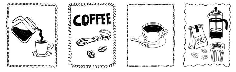 Hand drawn coffee chalk vintage posters. Whimsical drawings of coffee in doodle ink, chalk, crayon style. La dolce vita breakfast. Vector  line art for prints, placards, menus in cafe or restaurant.