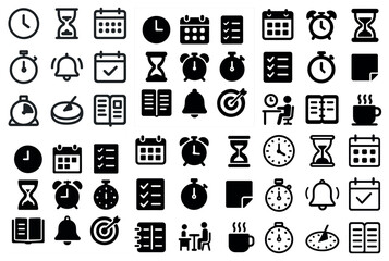Time management solid icons set – clocks, reminders, schedule planning symbols